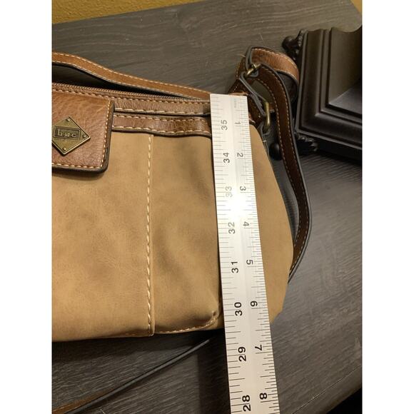 Vintage b.o.c. BORN Crossbody Purse 2 Tone Tan Faux‎ Suede Double Strap - Picture 13 of 15